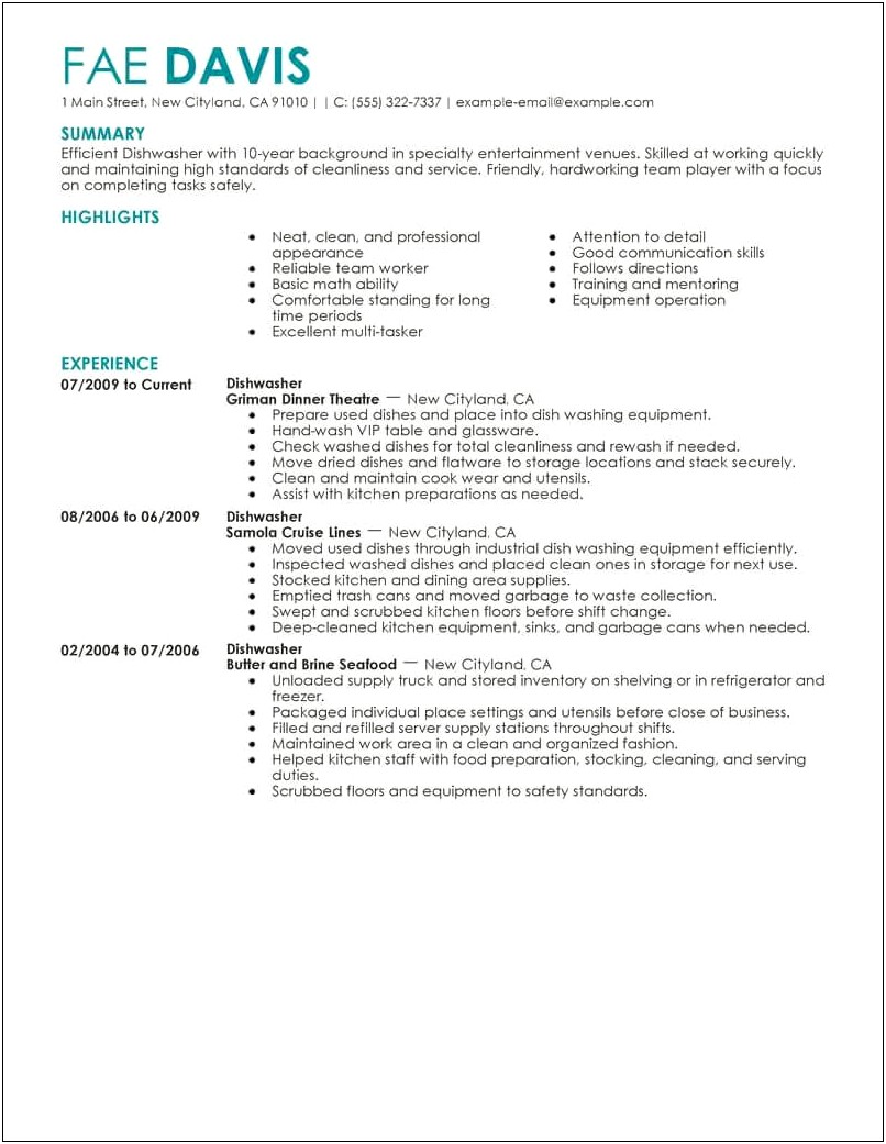 Resume For Dishwasher And Factory Worker