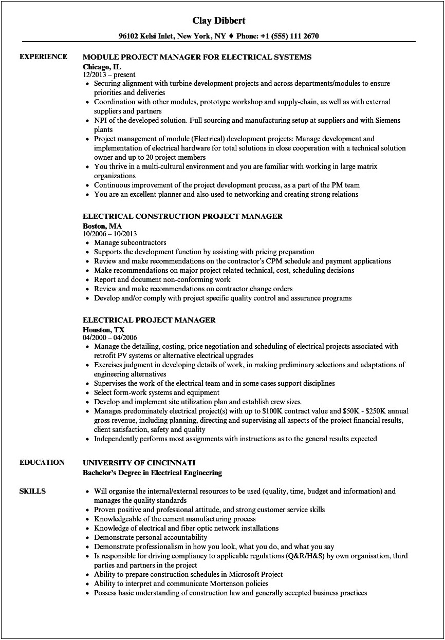 Resume For Electrical Engineer With 10 Years Experience