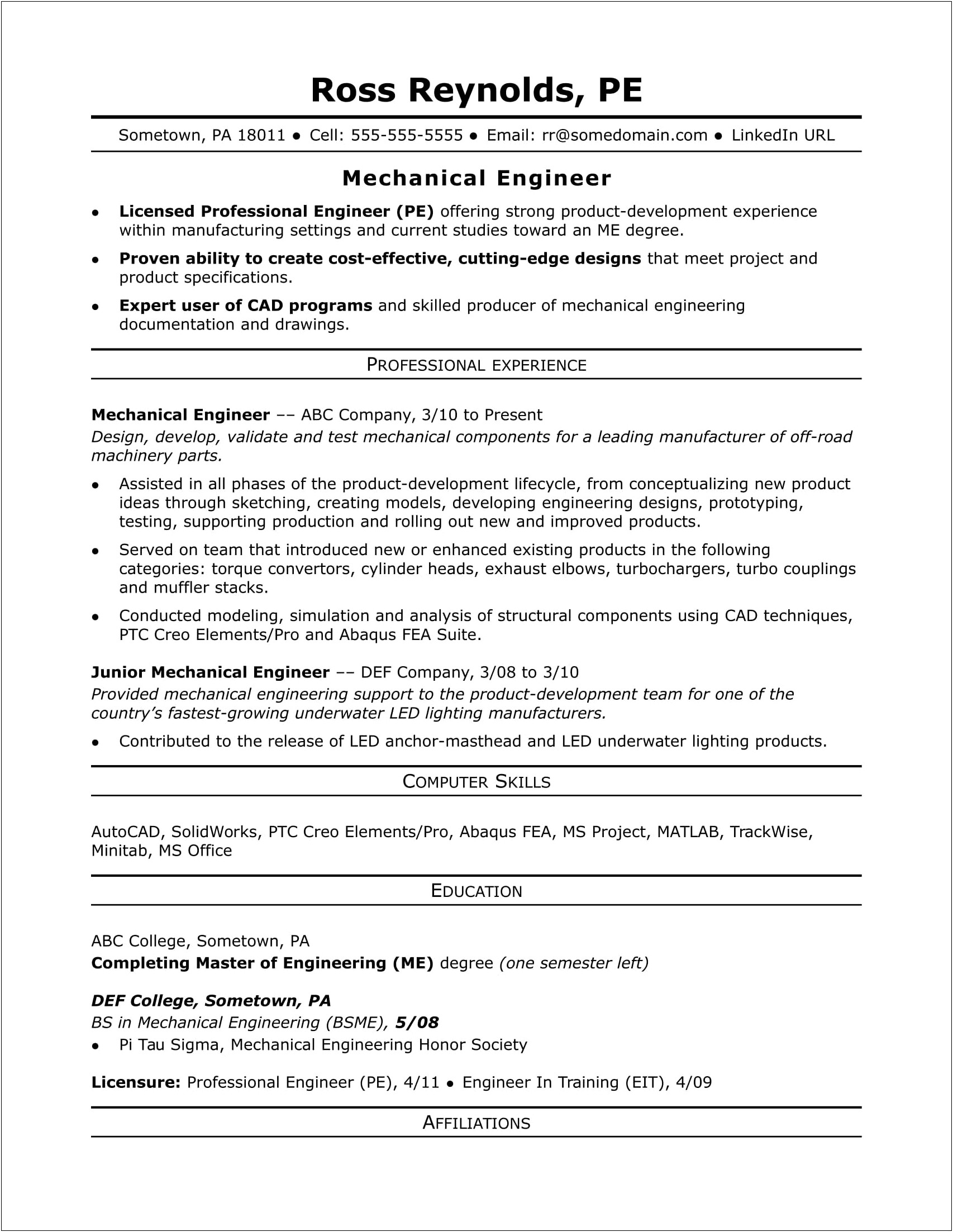 Resume For Engineer Entry Level Example