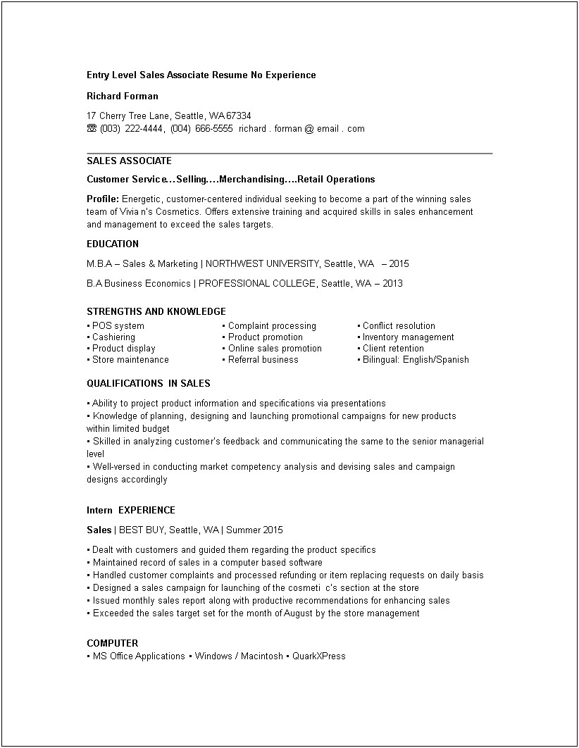 Resume For Entry Level Sales Job