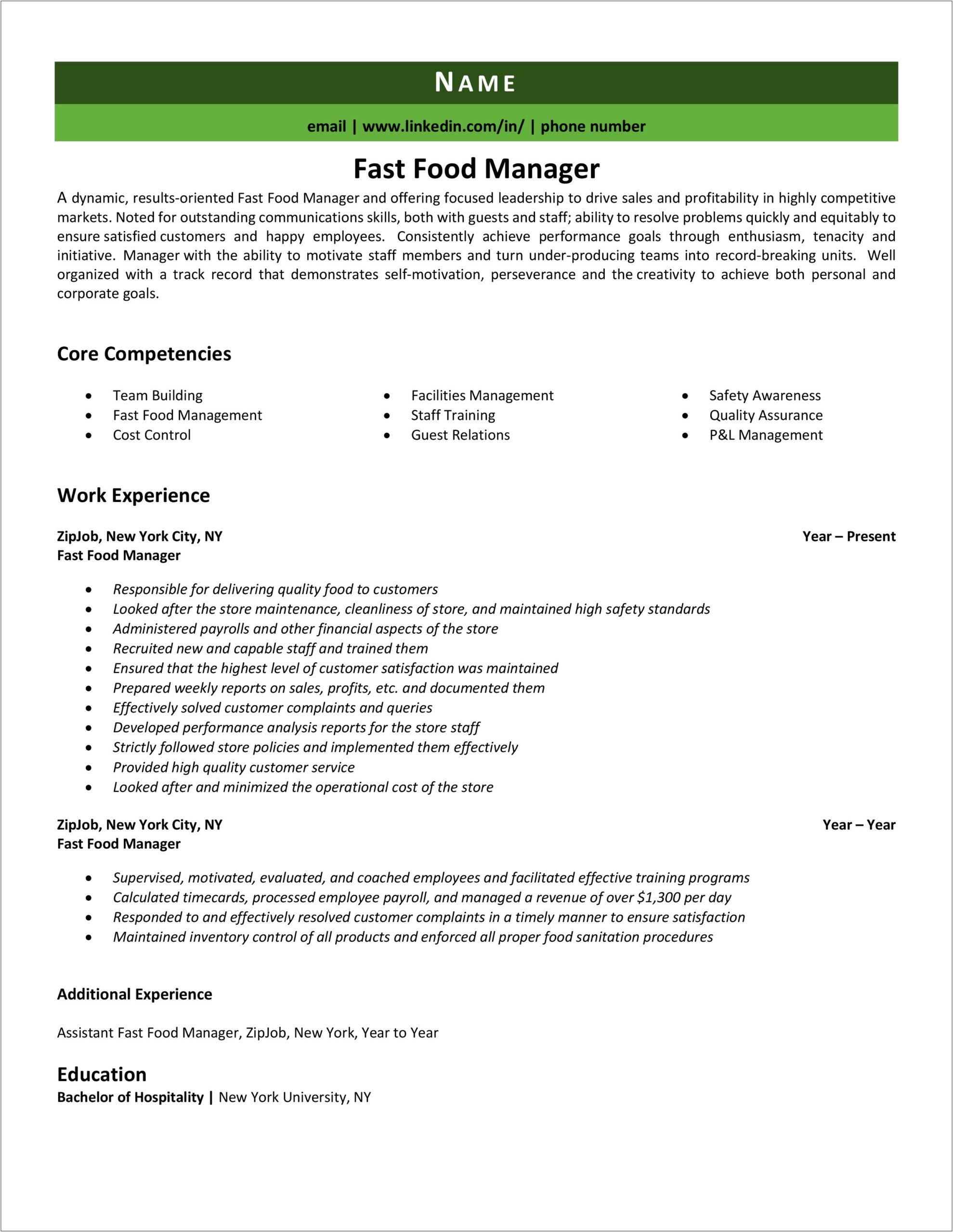 Resume For Fast Food Assistant Manager