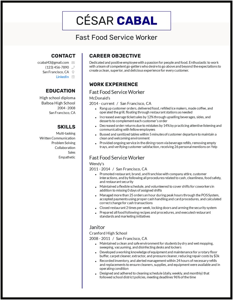 Resume For Fast Food Restaurant Worker