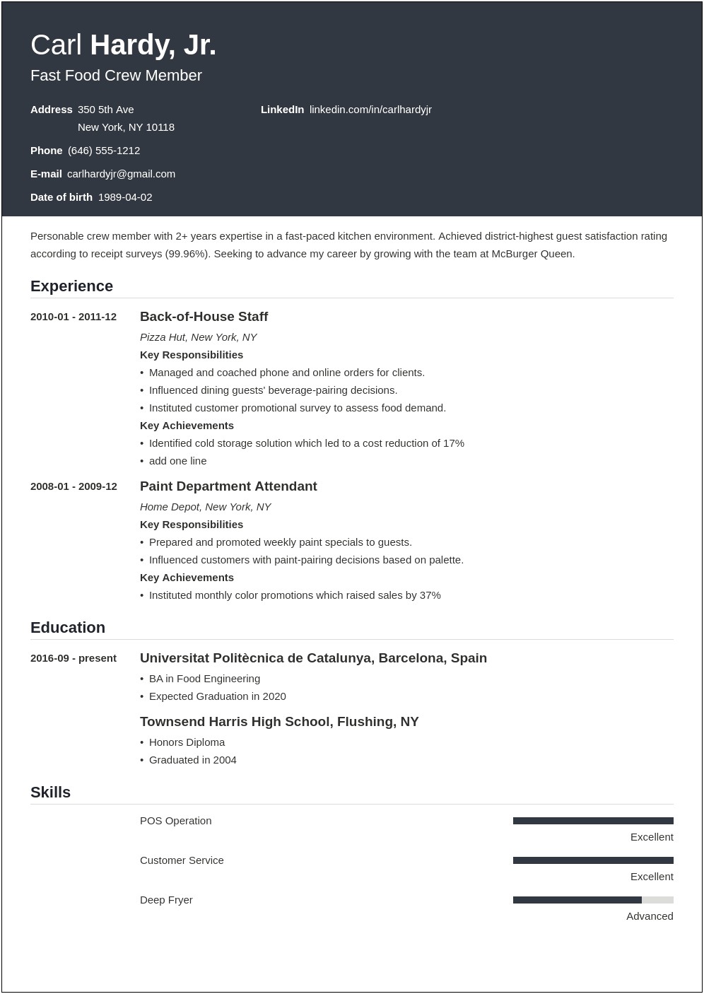 Resume For First Job Fast Food