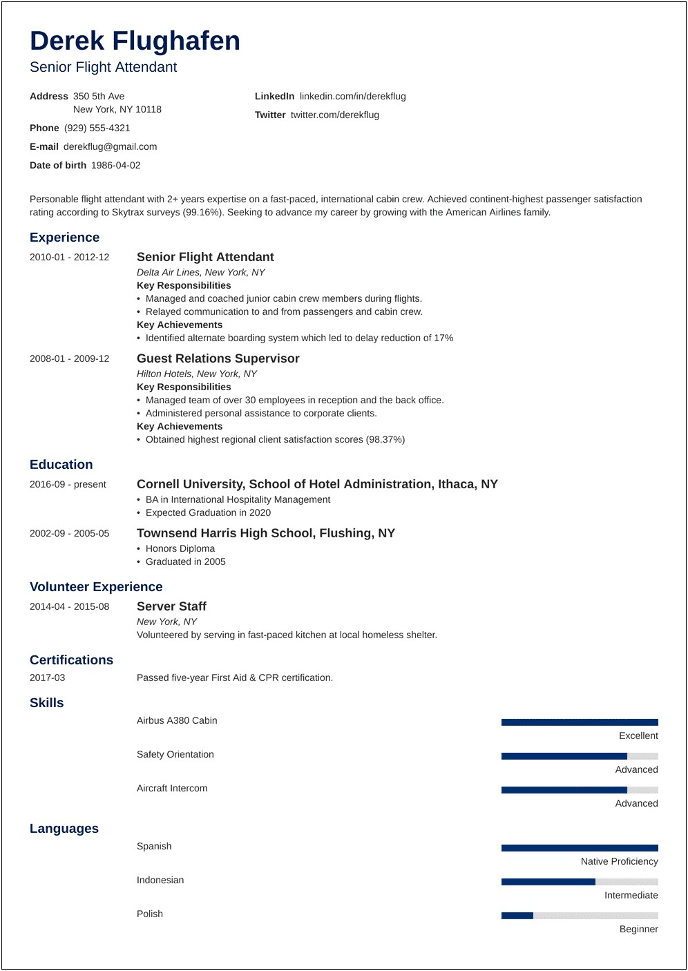 Resume For Flight Attendant Job With No Experience