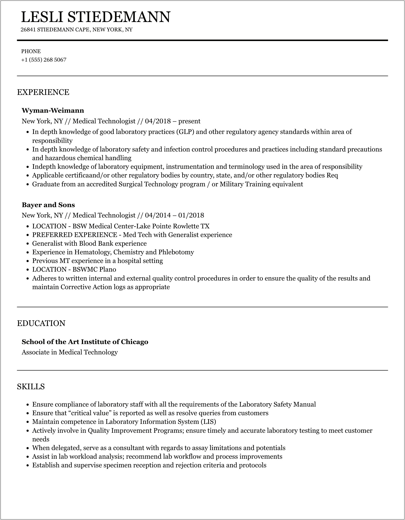 Resume For Fresh Graduate Medical Technologist Without Experience