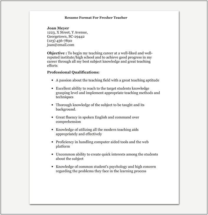Resume For Fresher Teacher Job Application
