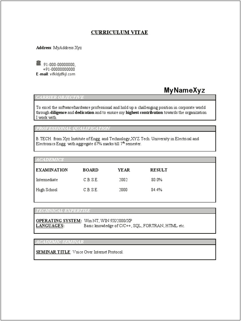 Resume For Freshers Ece Engineers Free Download