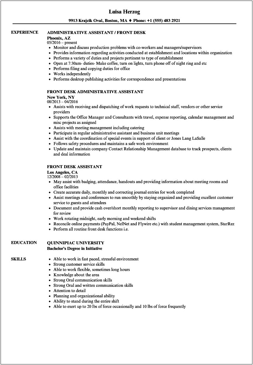 Resume For Front Desk Job With No Experience