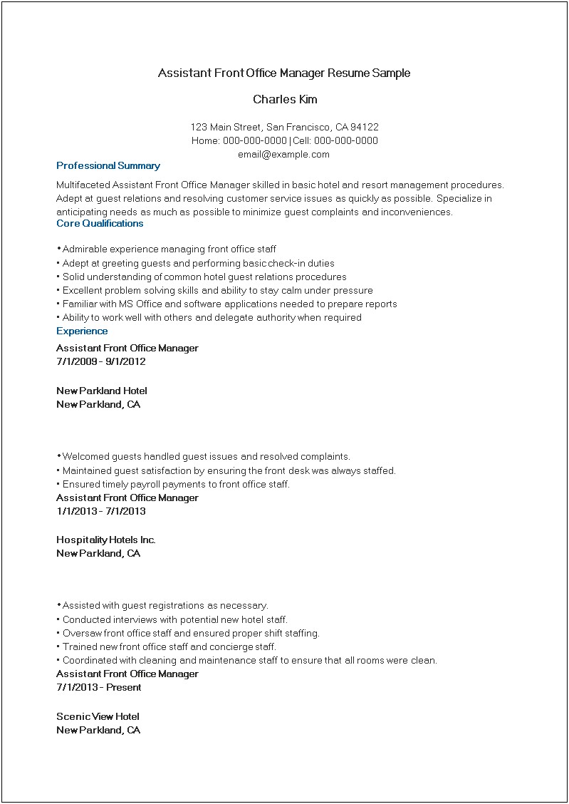 Resume For Front Office Duty Manager