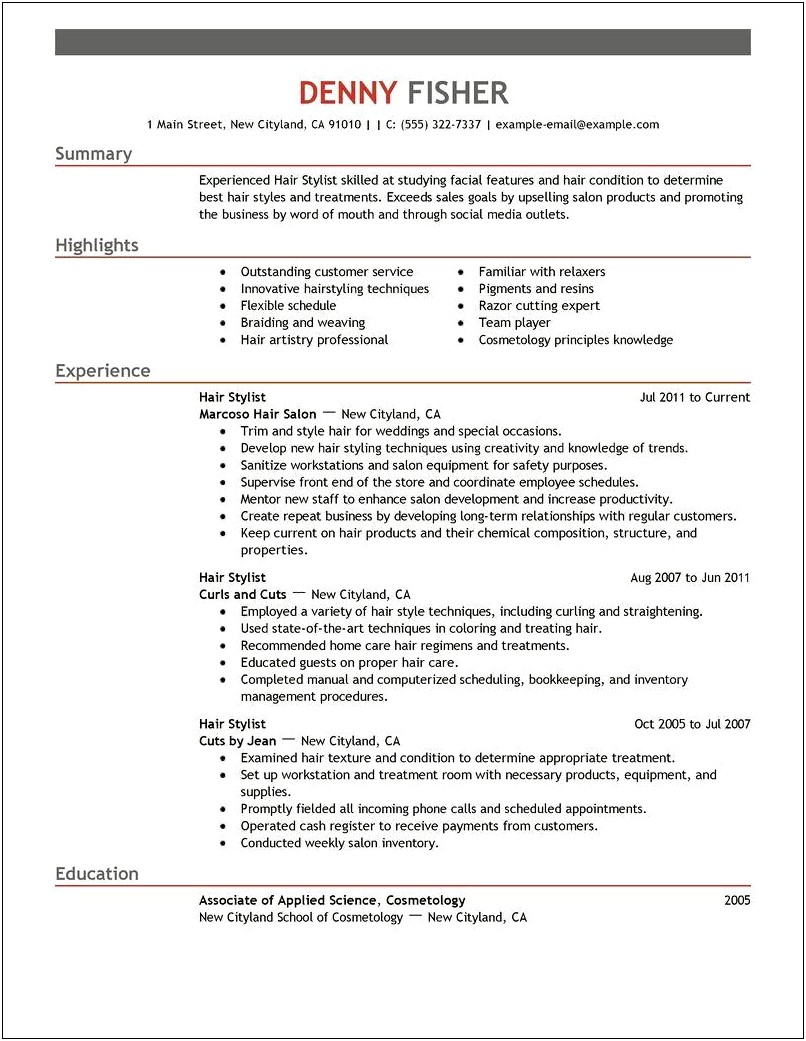 Resume For Hair Stylist To Become Salon Manager