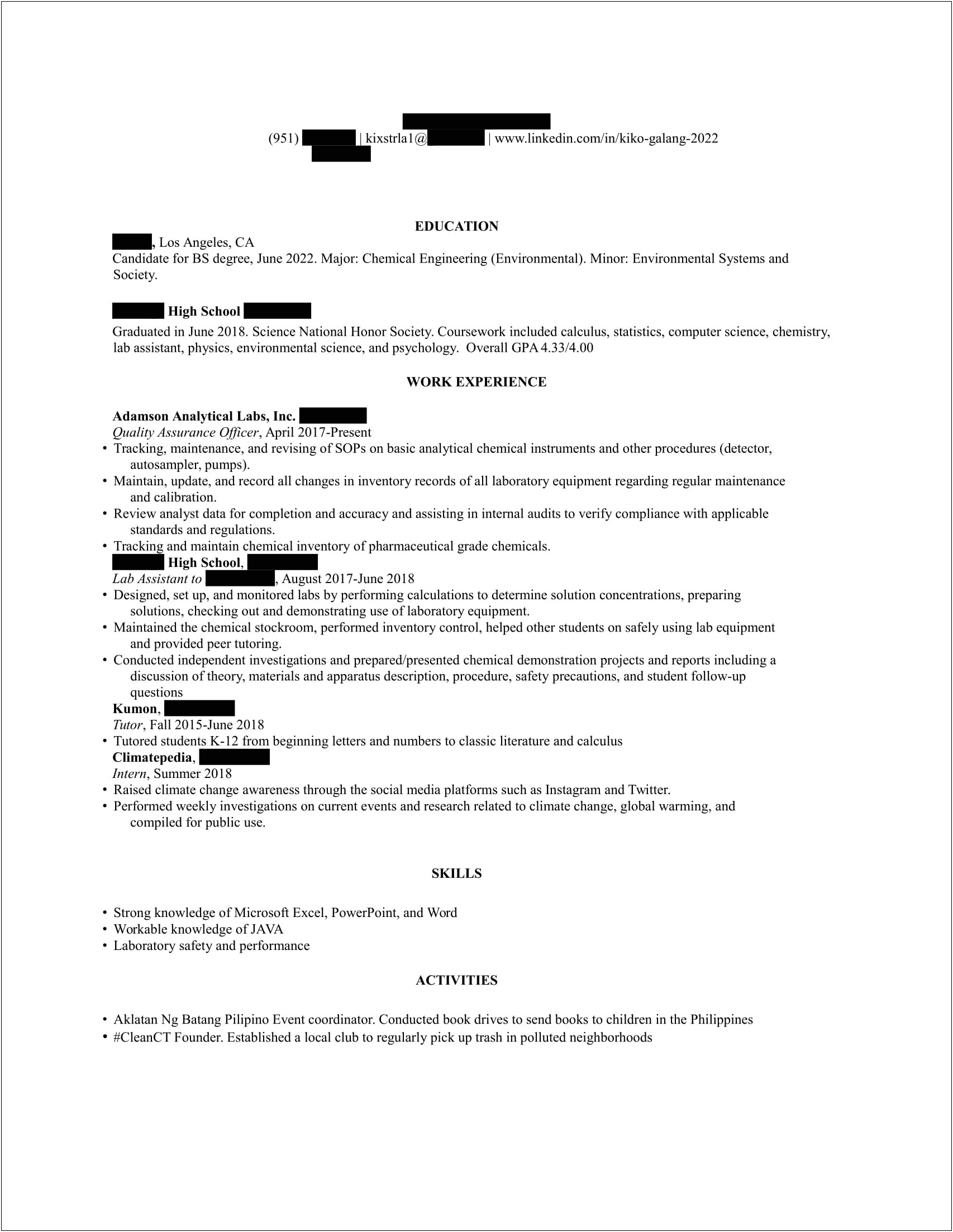 Resume For High School Student Applying For College