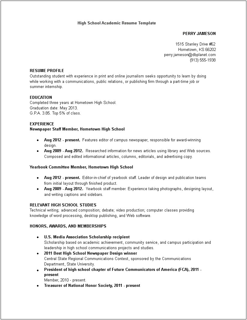 Resume For High School Student Seeking Internship