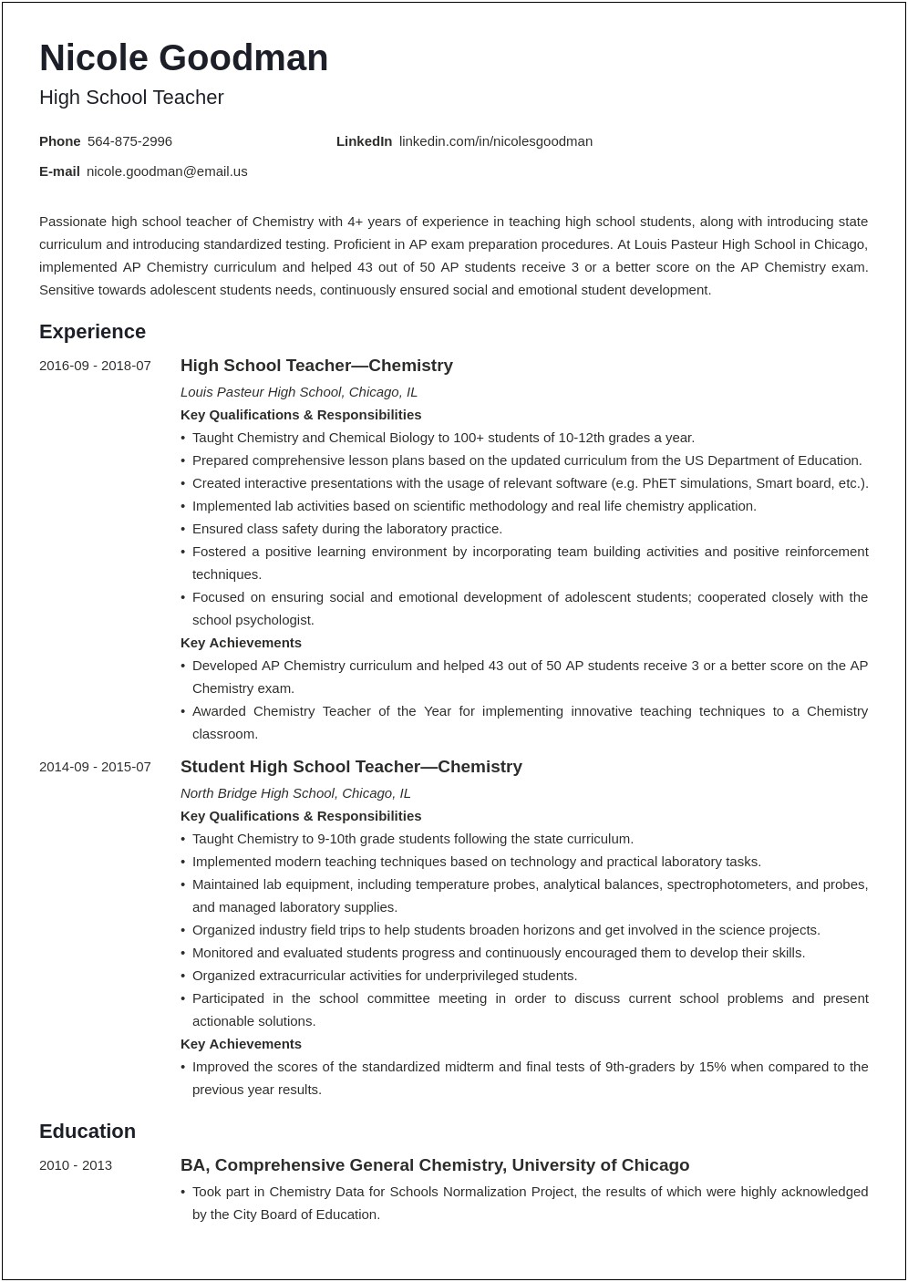 Resume For High School Teaching Position