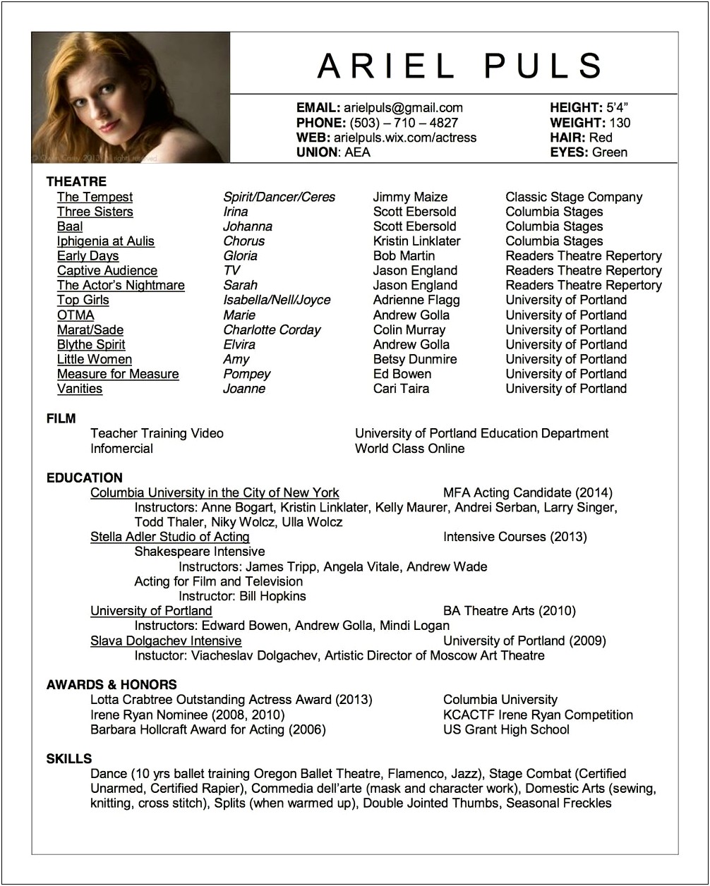 Resume For High School Theatre Audition