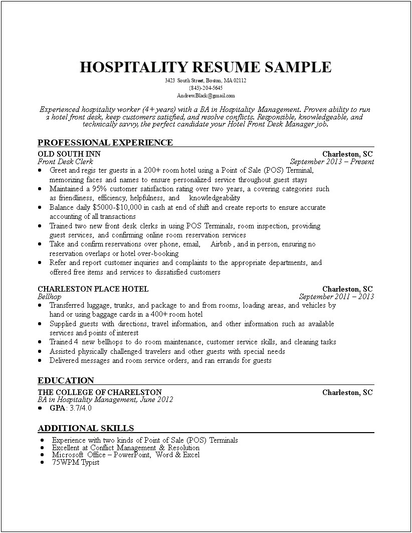 Resume For Hotel Front Desk Manager