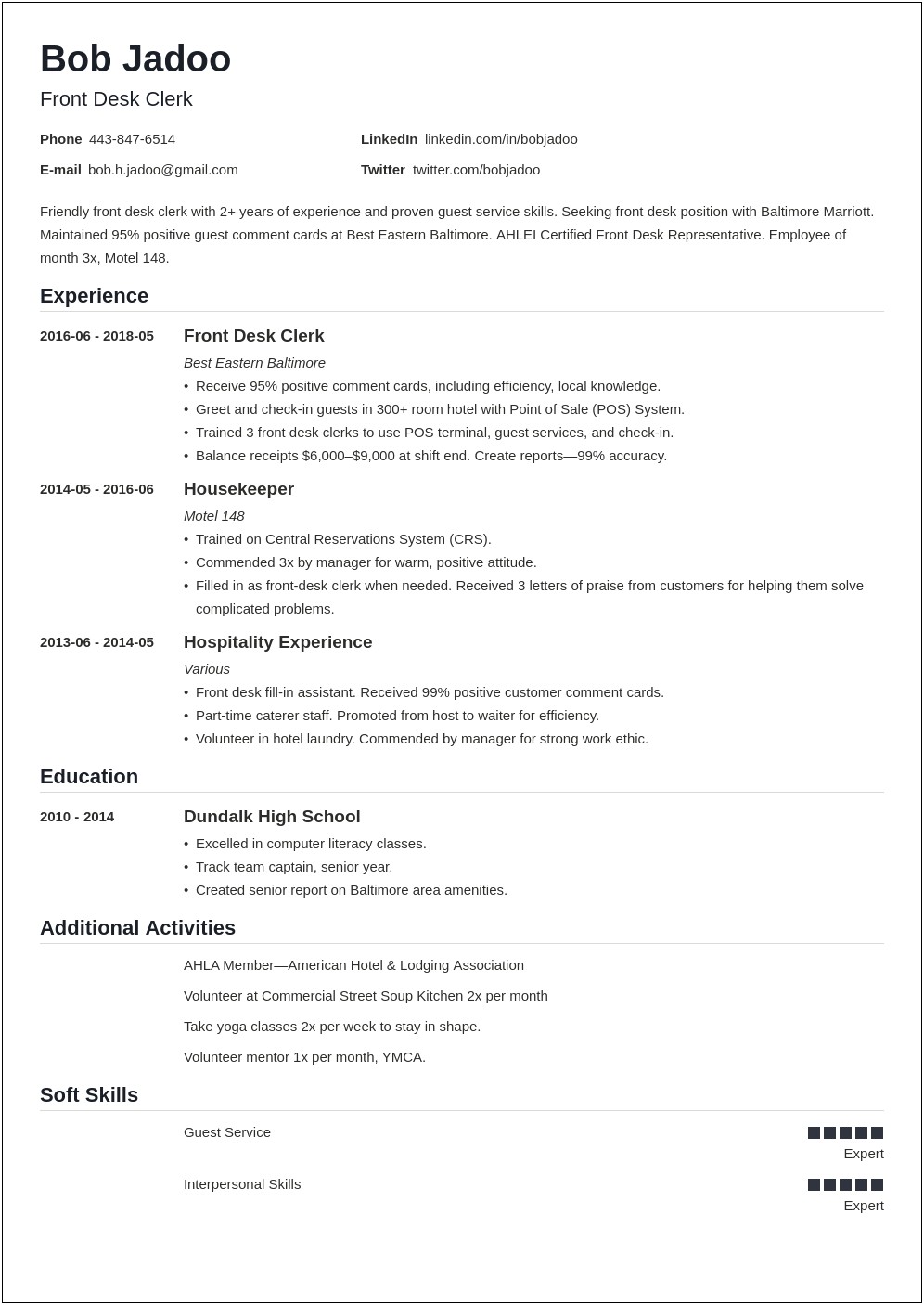 Resume For Hotel Job With No Experience
