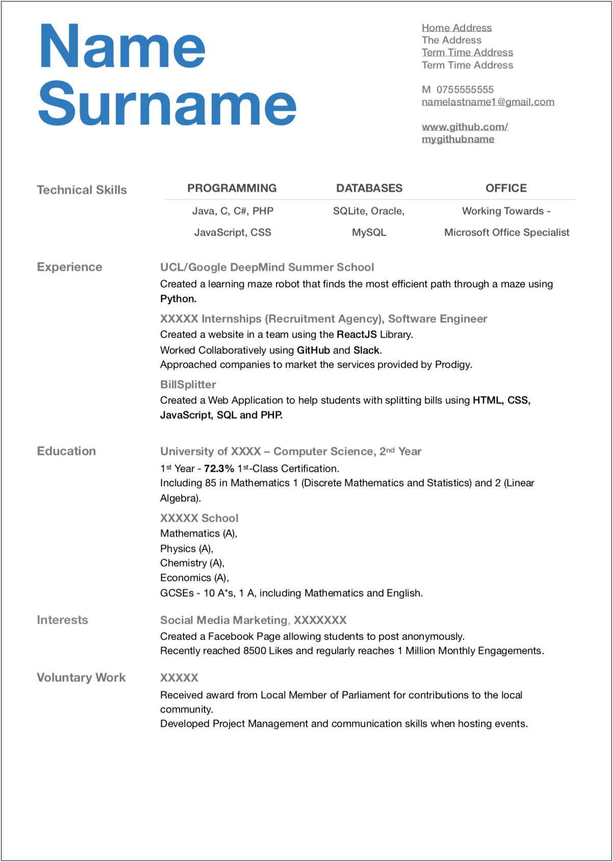 Resume For Internship With No Experience Computer Science