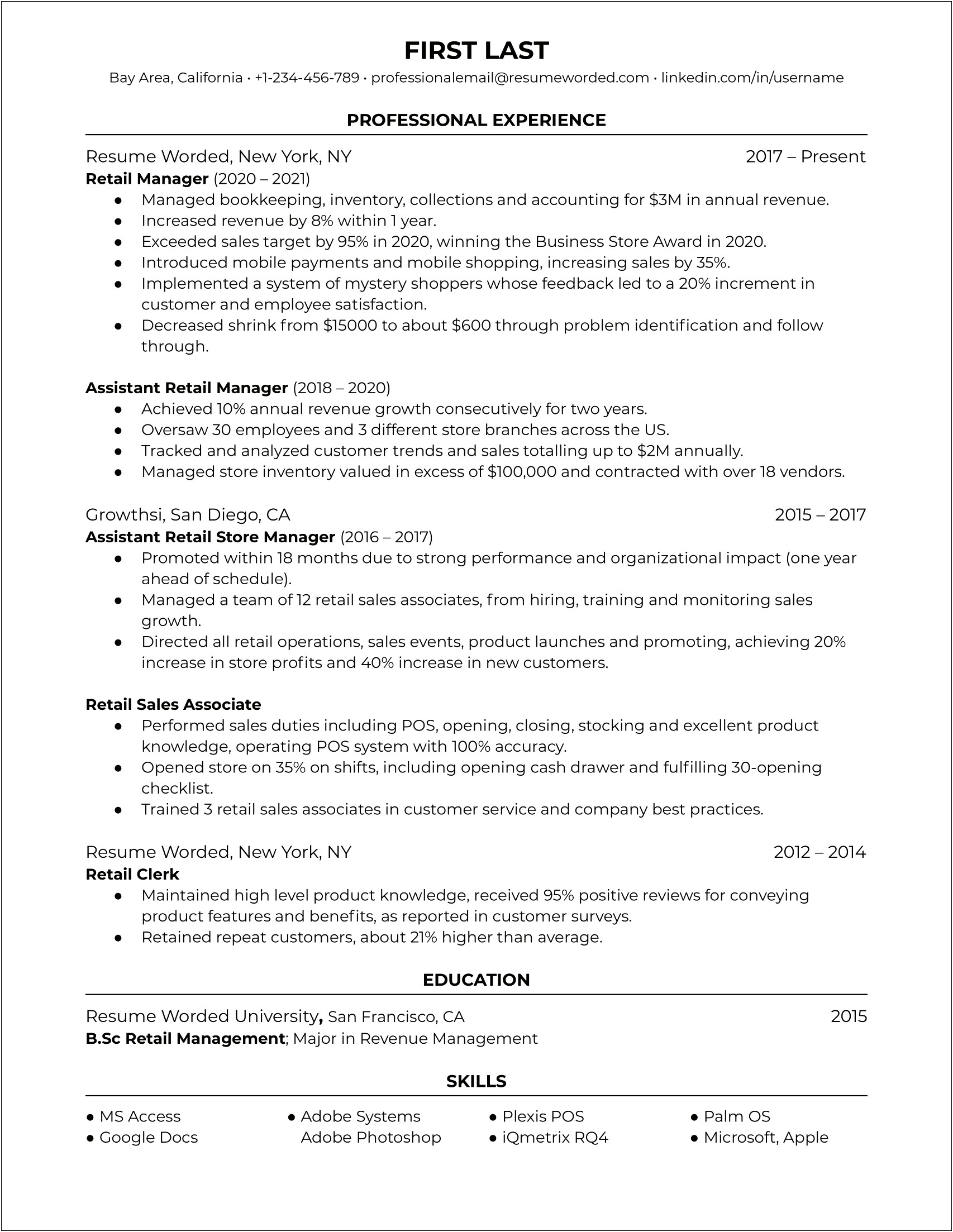 Resume For Job In Retail Store