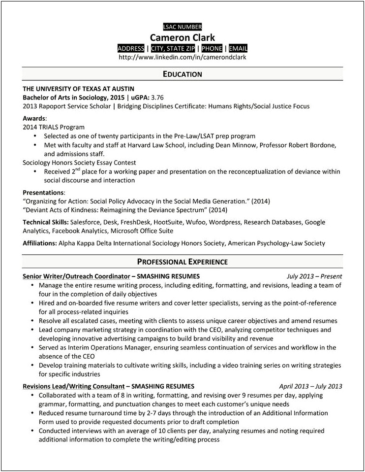 Resume For Law School Admission Example