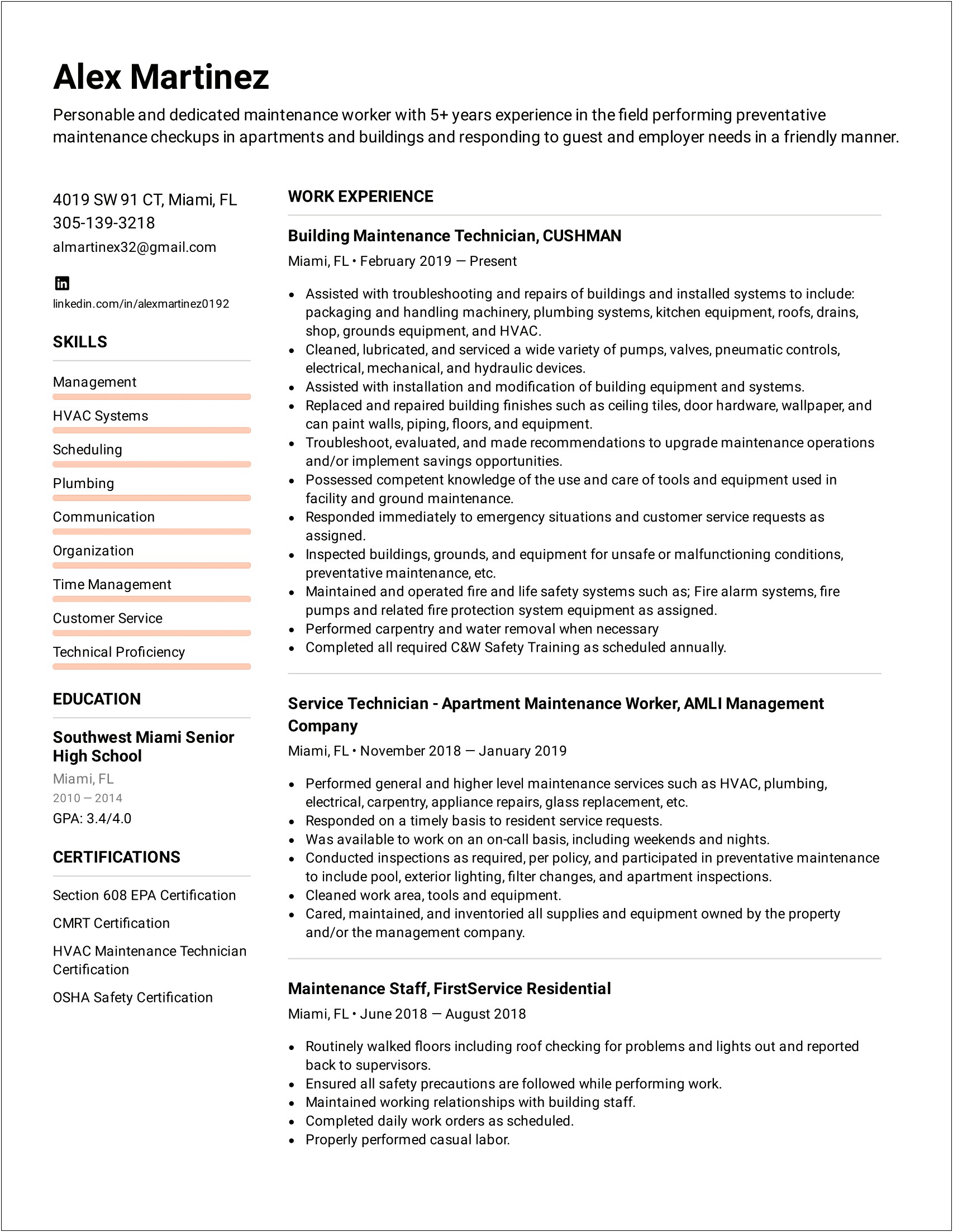 Resume For Maintenance Worker Or Housekeeper