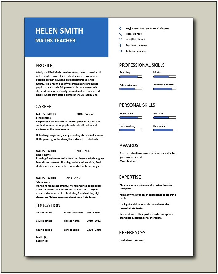 Resume For Math Teacher Job Application