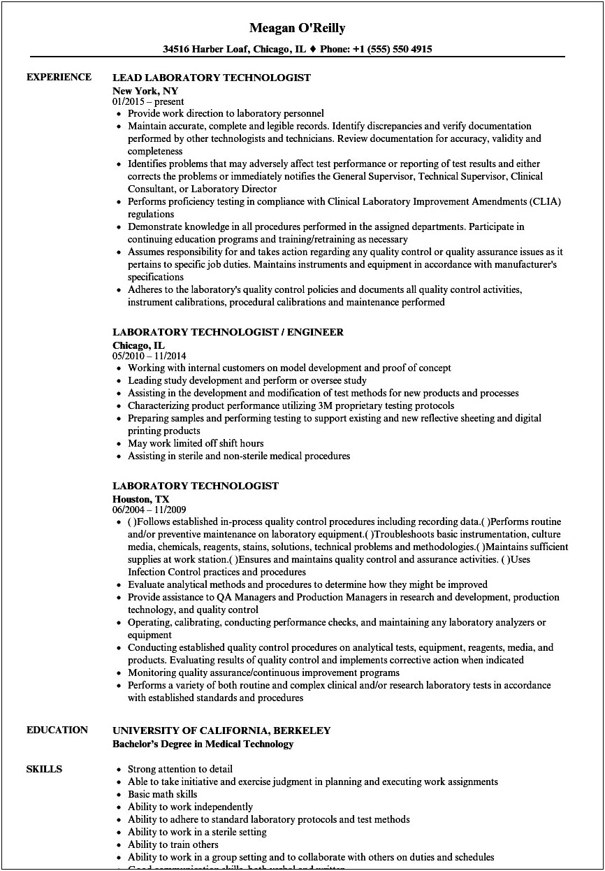 Resume For Medical Lab Technician Job