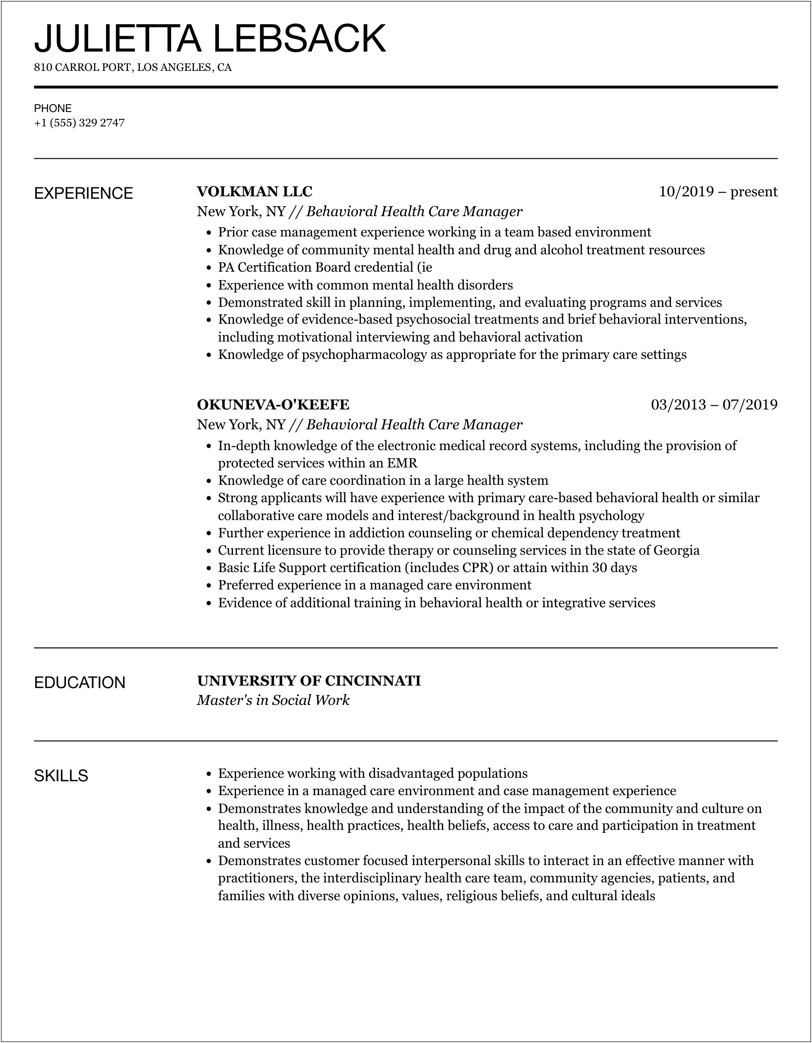Resume For Mental Health Risk Manager
