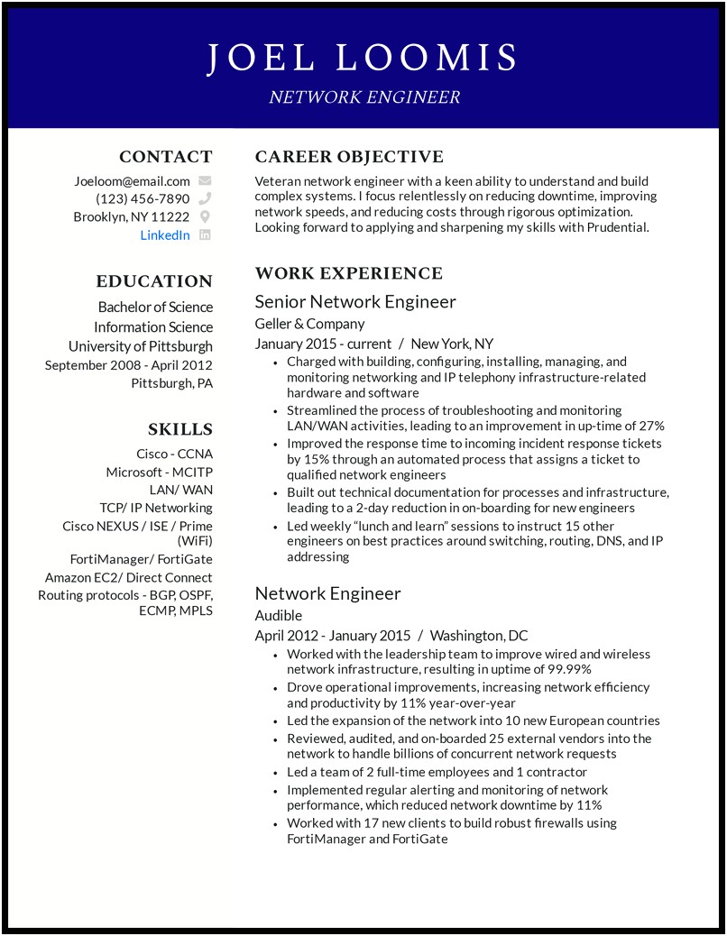 Resume For Network Engineer With Three Years Experience