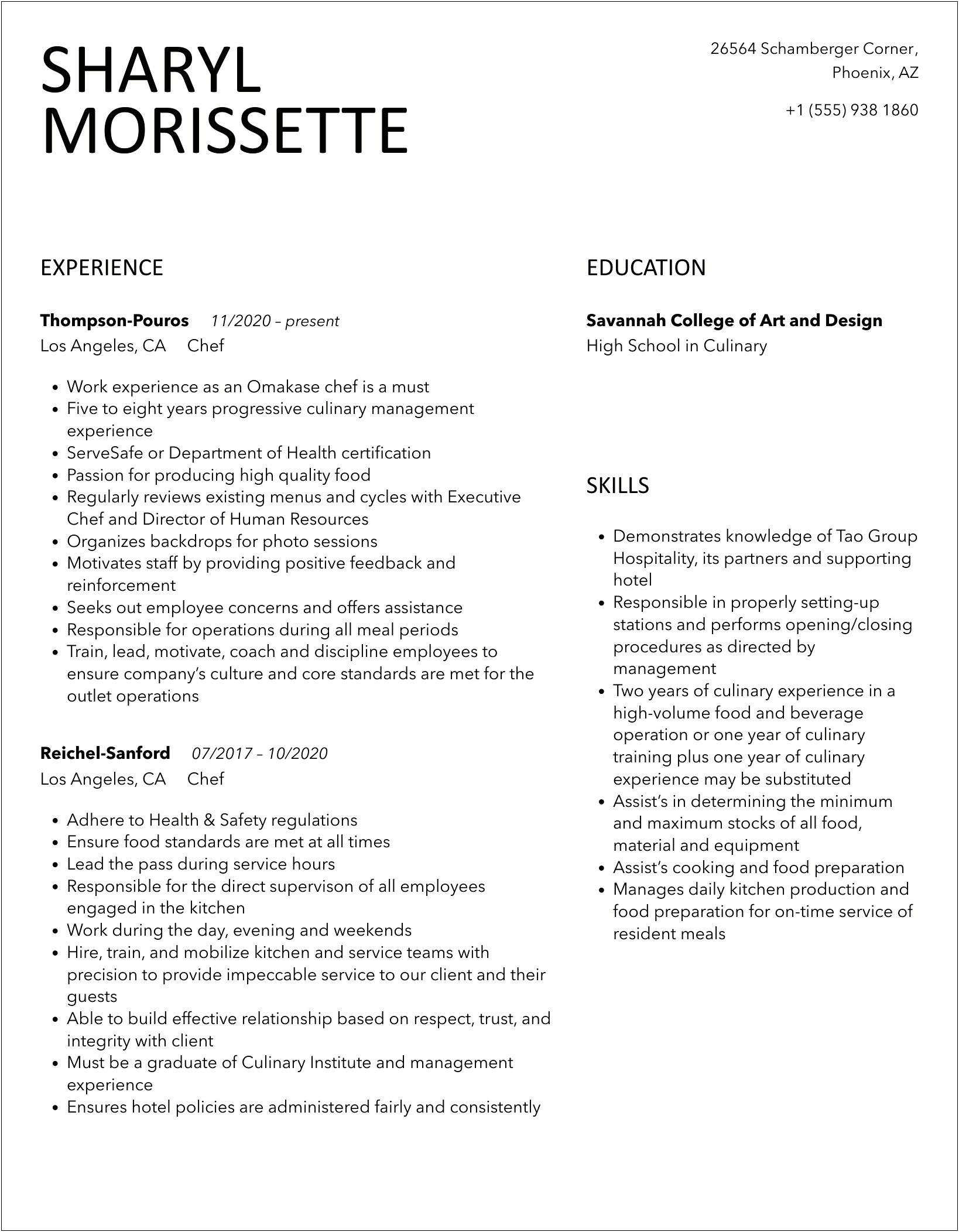 Resume For Newly Graduates With No Experience Chefs