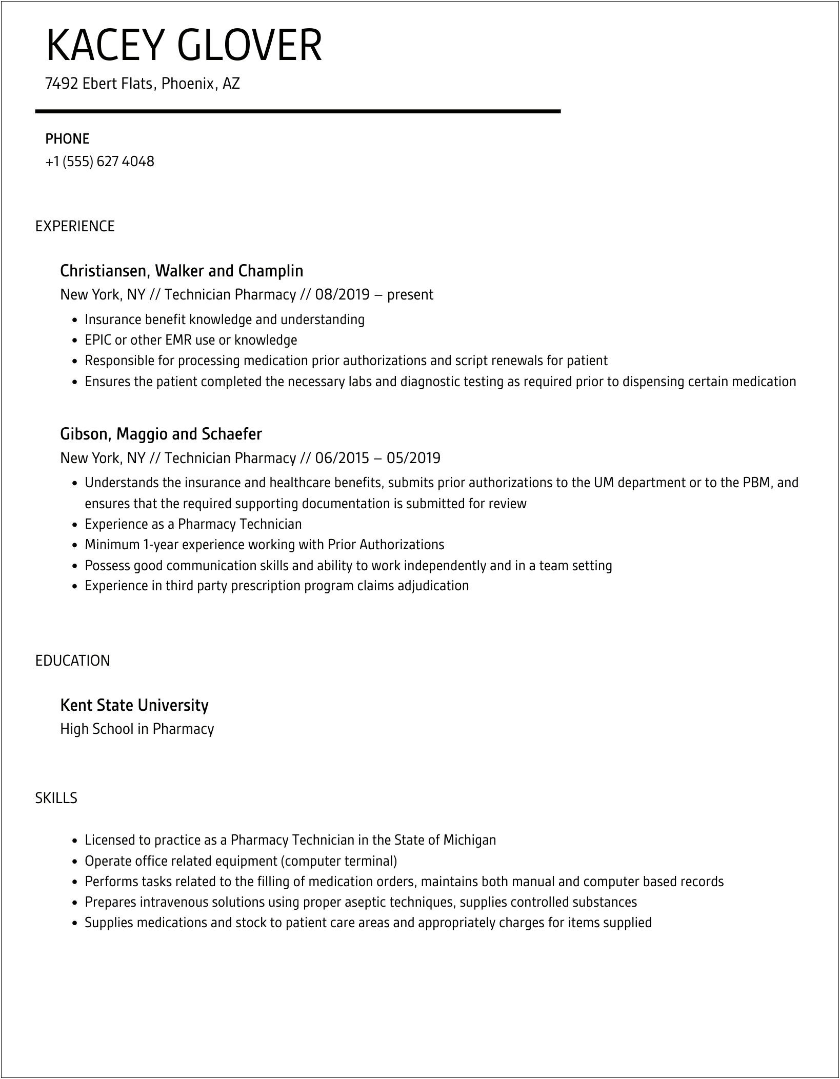 Resume For Non Experience Pharapmacy Tech