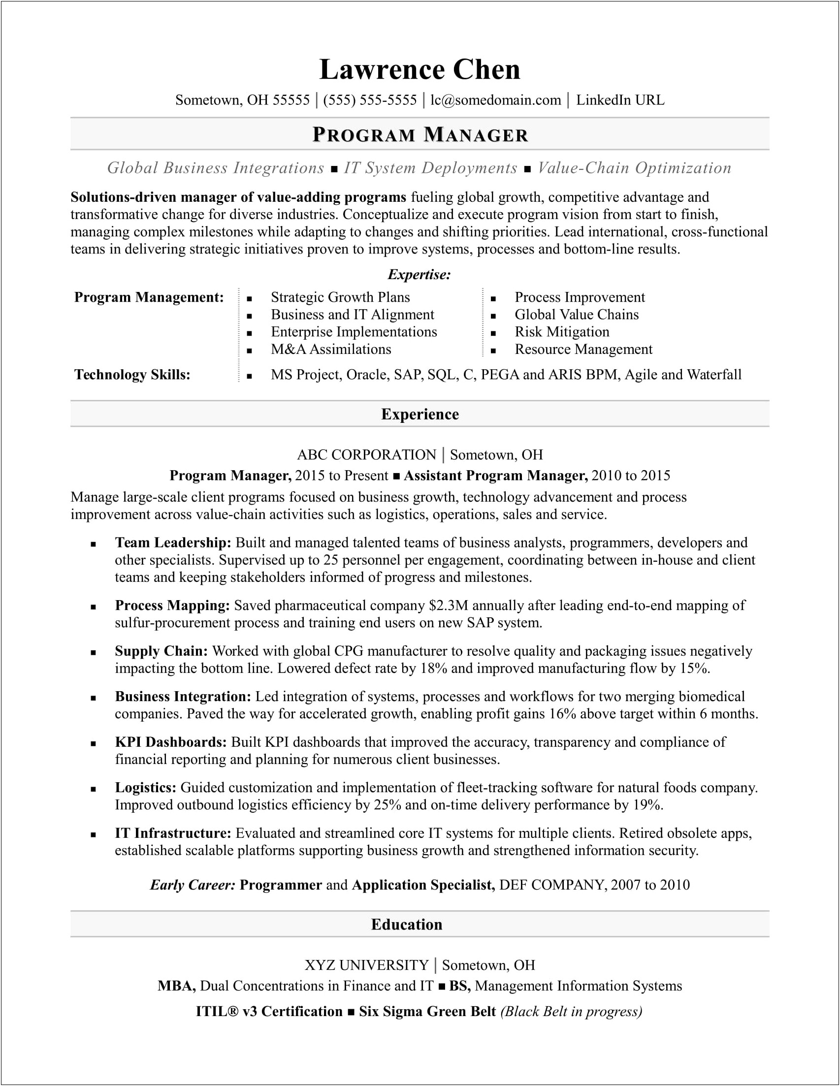 Resume For Non Profit Program Manager