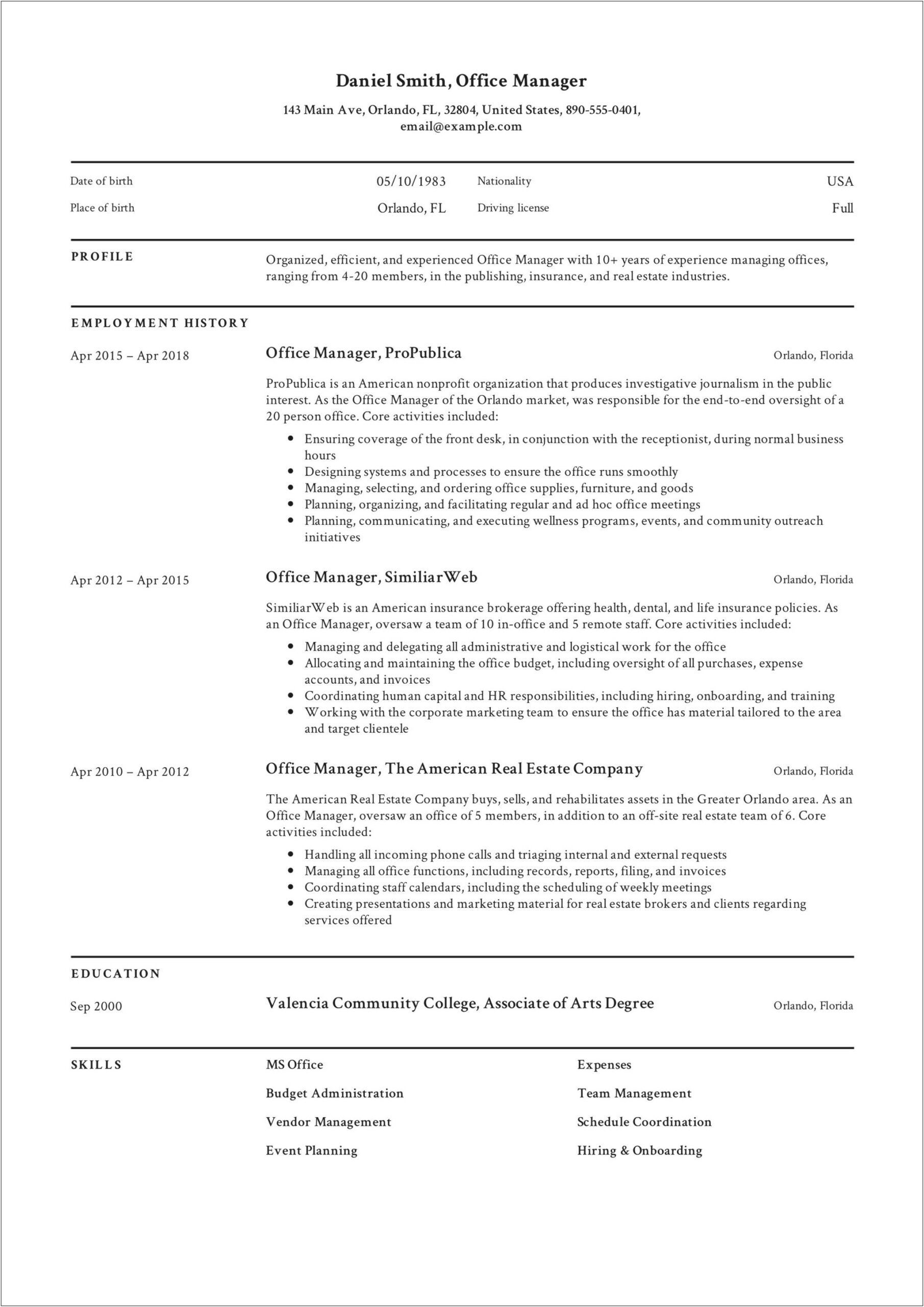 Resume For Office Manager For Construction Company