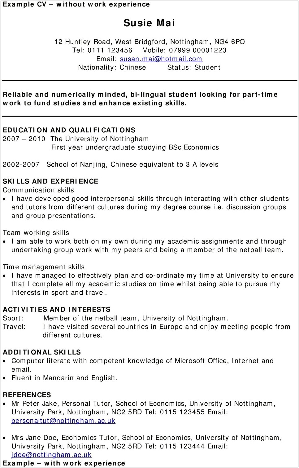 Resume For Part Time Job College Student Skills