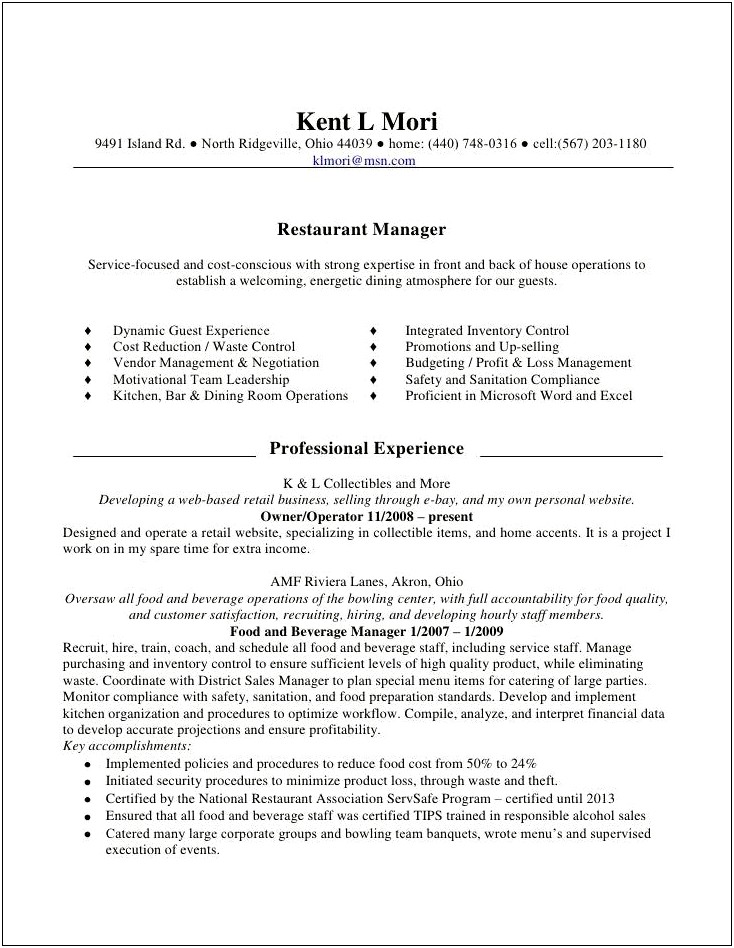 Resume For Person With Retail And Resturaunt Experience