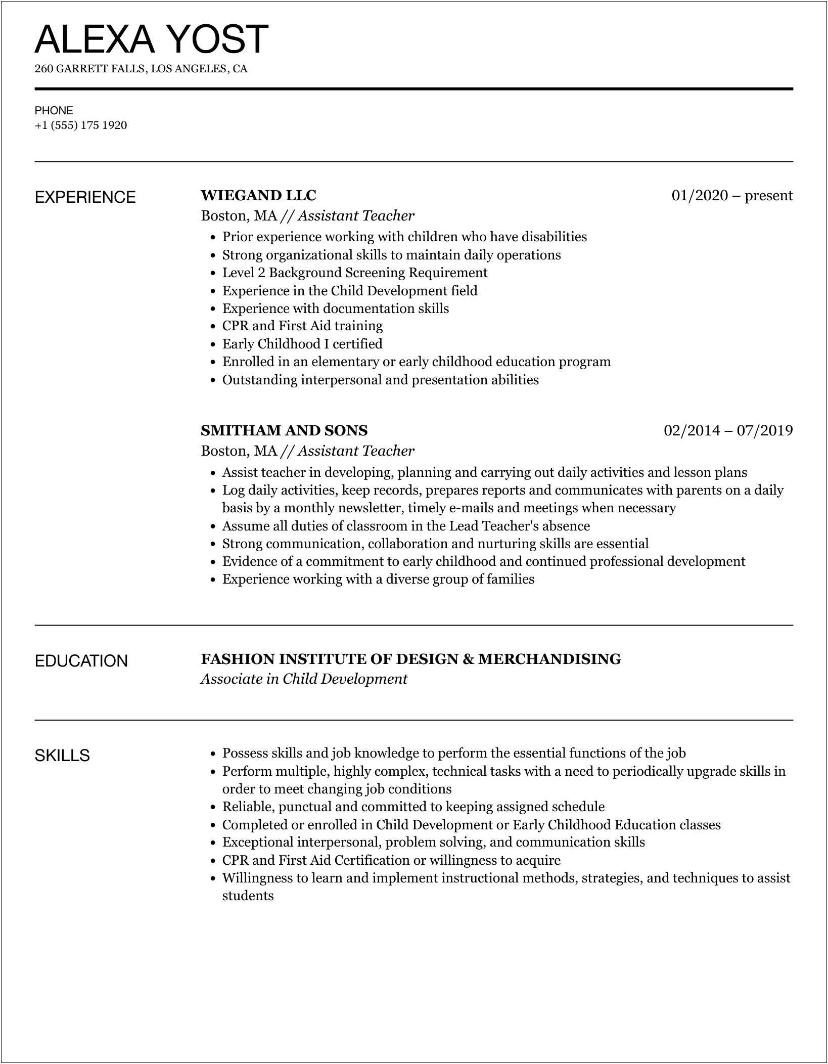Resume For Preschool Teacher Assistant With No Experience