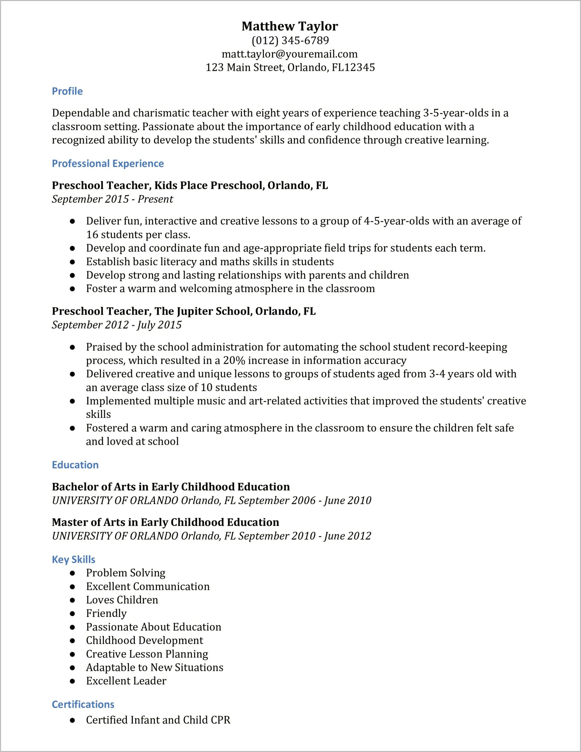 Resume For Preschool Teachers With No Experience