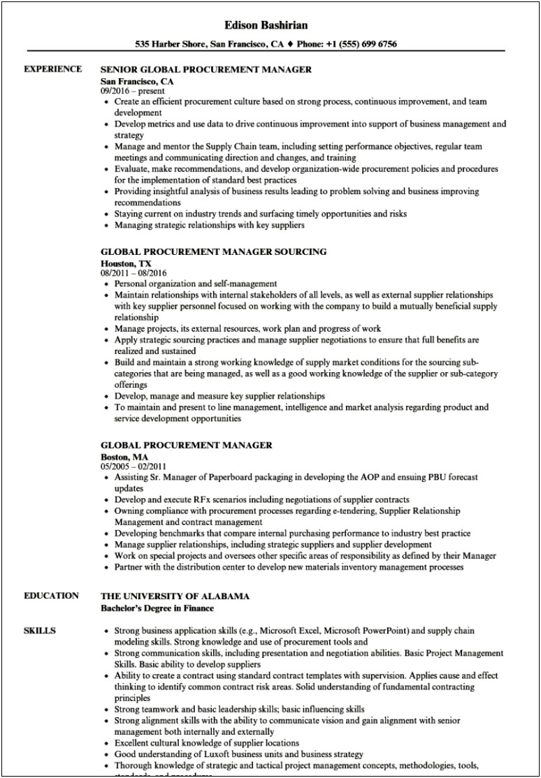 Resume For Procurement Manager In Word Format