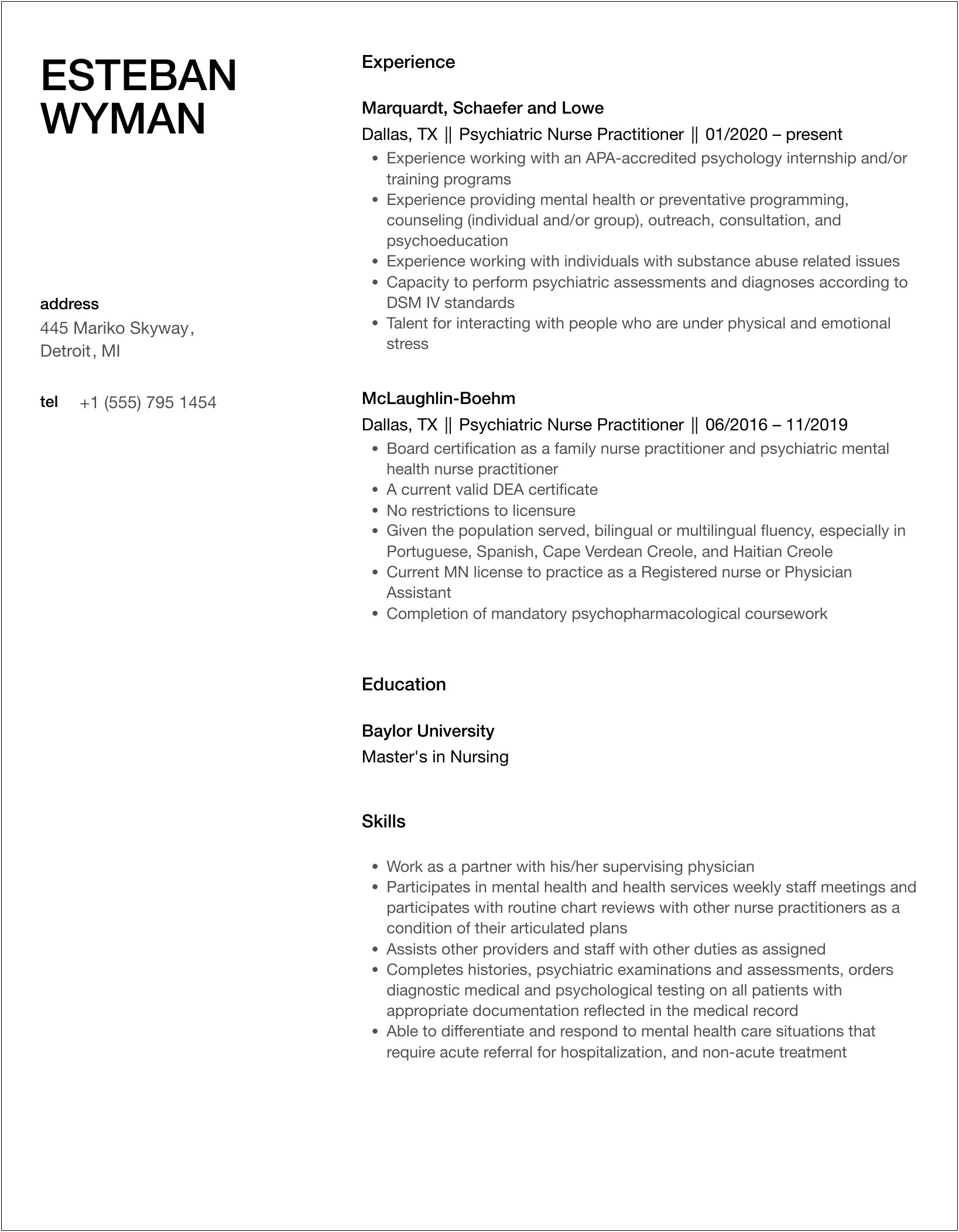 Resume For Psychiatric Nurse Practitioner Grad School Application