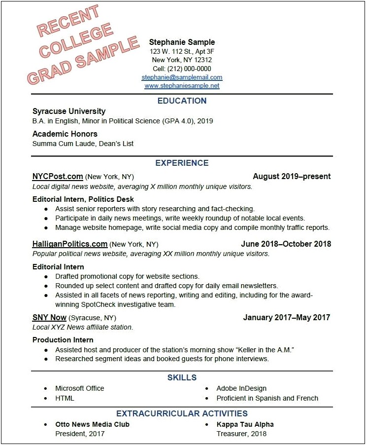 Resume For Recent College Graduate With No Experience
