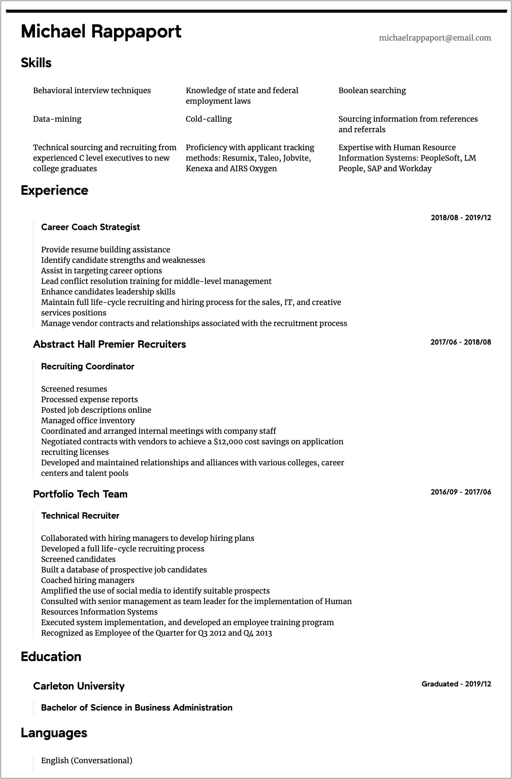 Resume For Recruiter Or Hiring Manager