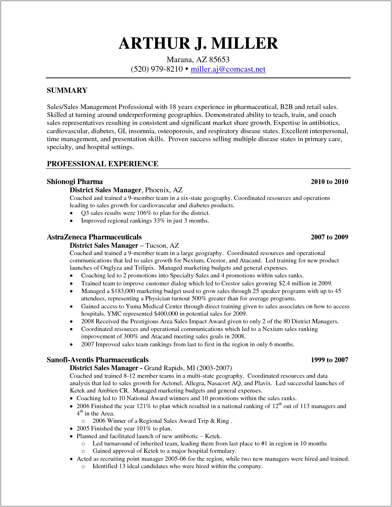 Resume For Regional Sales Manager In Pharma