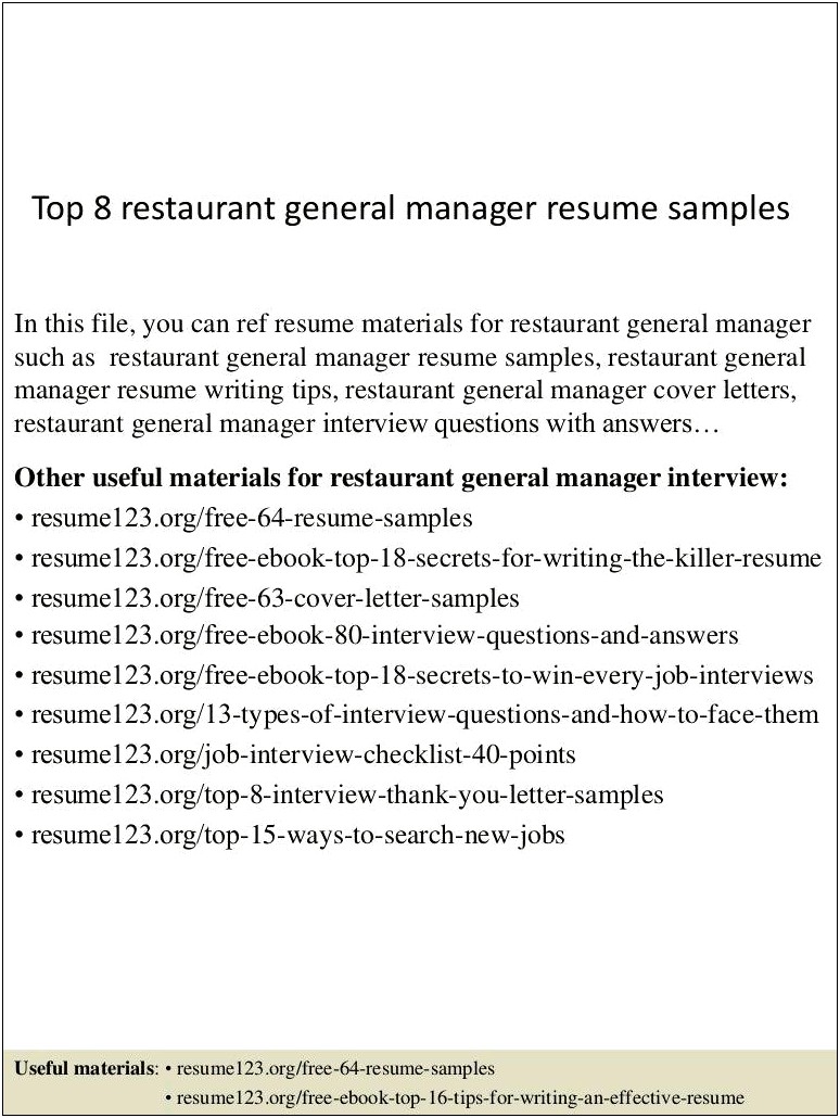 Resume For Restaurant General Manager Sample