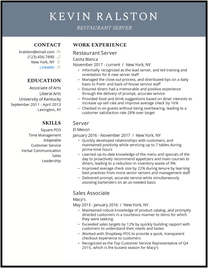 Resume For Restaurant Job With No Experience