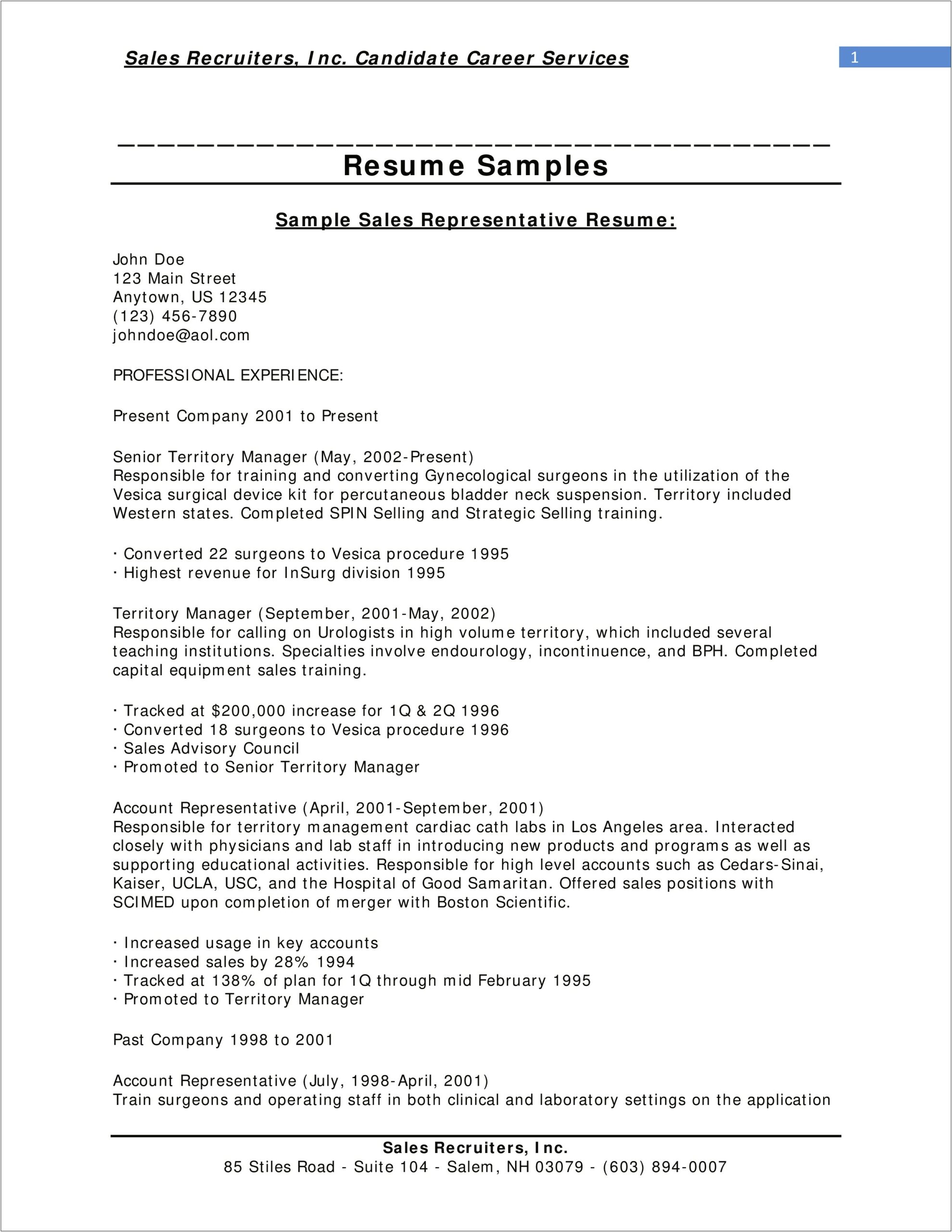 Resume For Sales Representative With Experience