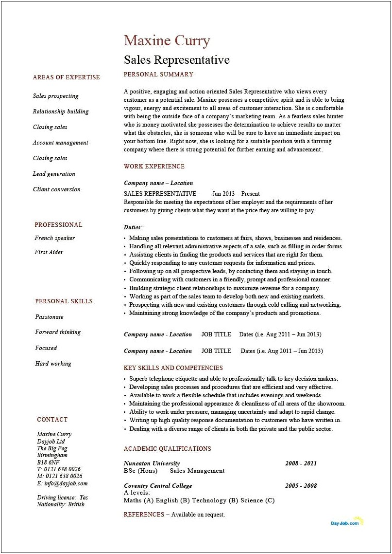 Resume For Sales Representative With No Experience