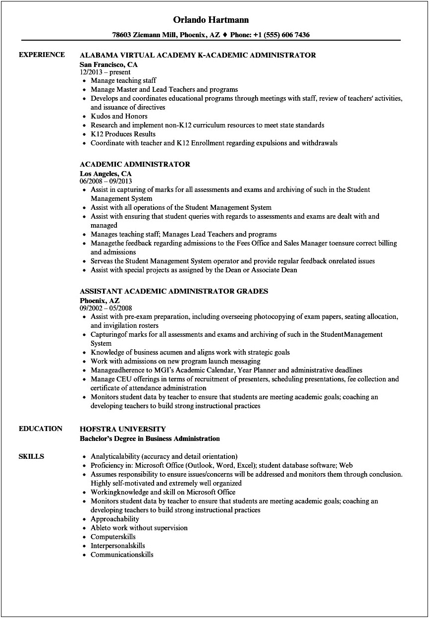 Resume For School Administration Position Application