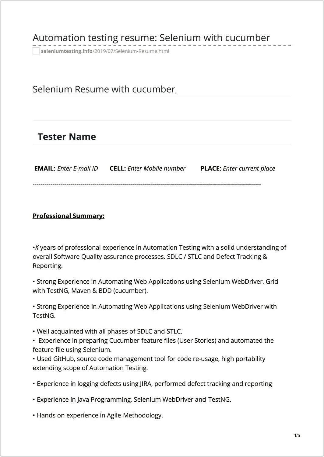 Resume For Selenium Testing With 1 Year Experience