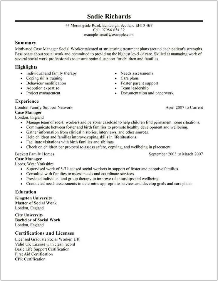 Resume For Social Worker Or Case Manager