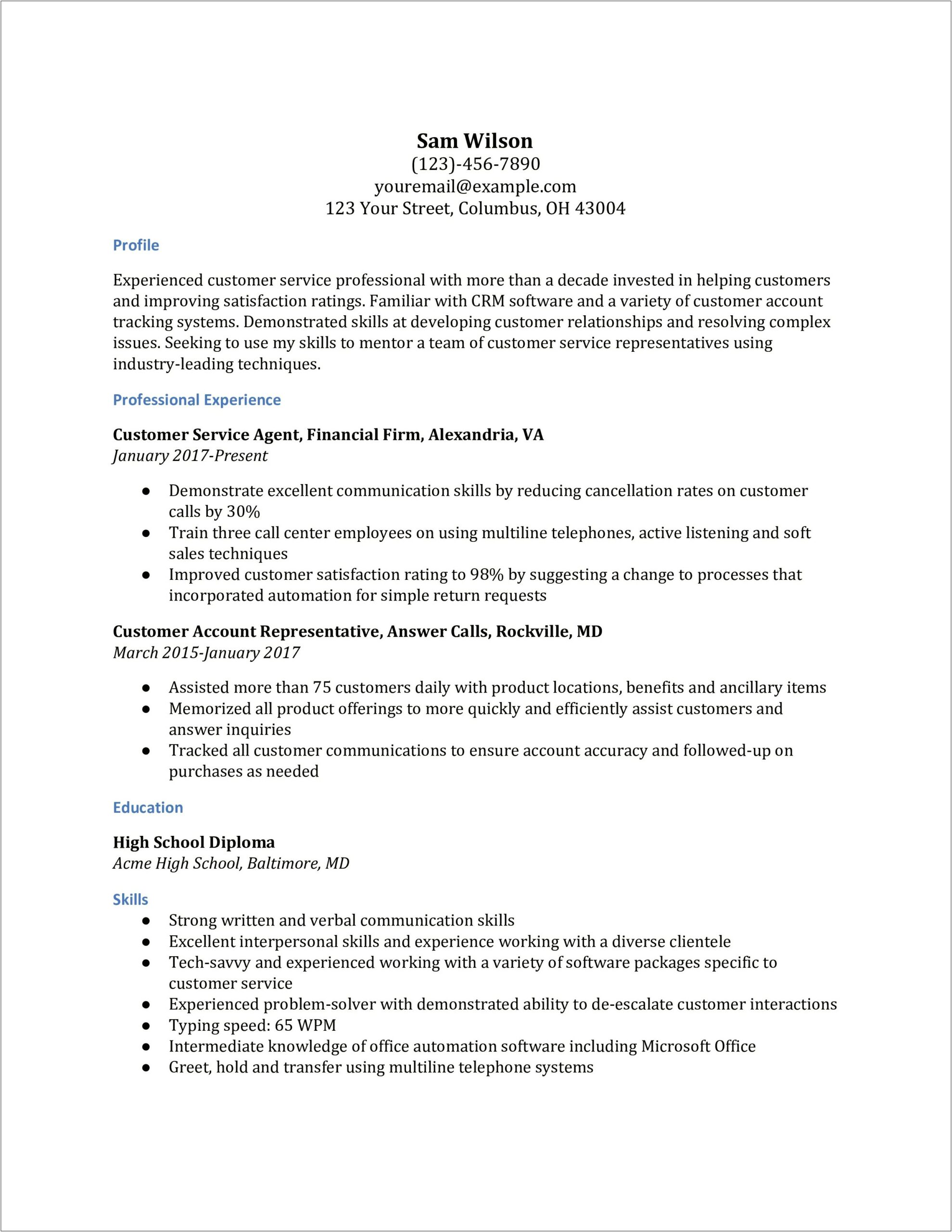 Resume For Someone With Customer Service Experience