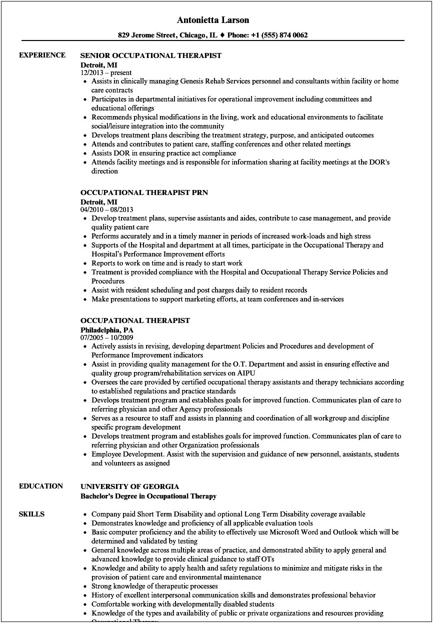 Resume For Stuent Applying To Occupational Therapy School